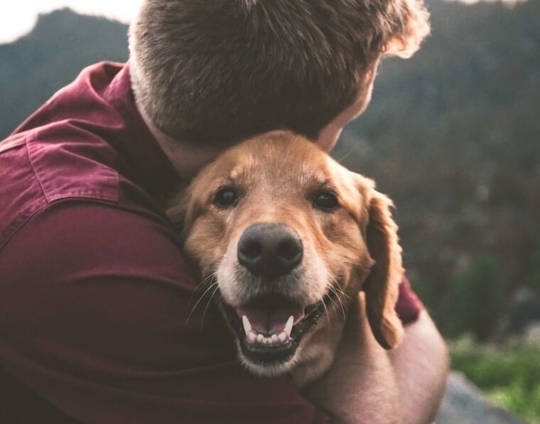 Koiran helliminen voi parantaa mielialaa. Mies halaa koiraa.
